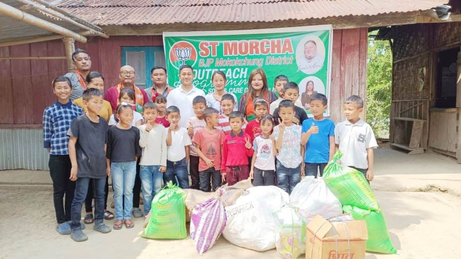 ST Morcha, BJP Mokokchung district officials along with the children and authorities of the Care Soul (Children’s Home), Chami, Mokokchung on March 12. The ST Morcha, BJP Mokokchung, as part of its outreach programme, donated provisions to the Home and assured all possible help for the wellbeing of the boarders of the Home. The Soul Care (children’s home) is run by the Soul Care Society and there are eighteen children from the age group 5-14 years boarding at the home. (Photo Courtesy: Media & IT Cell BJP Mokokchung District)